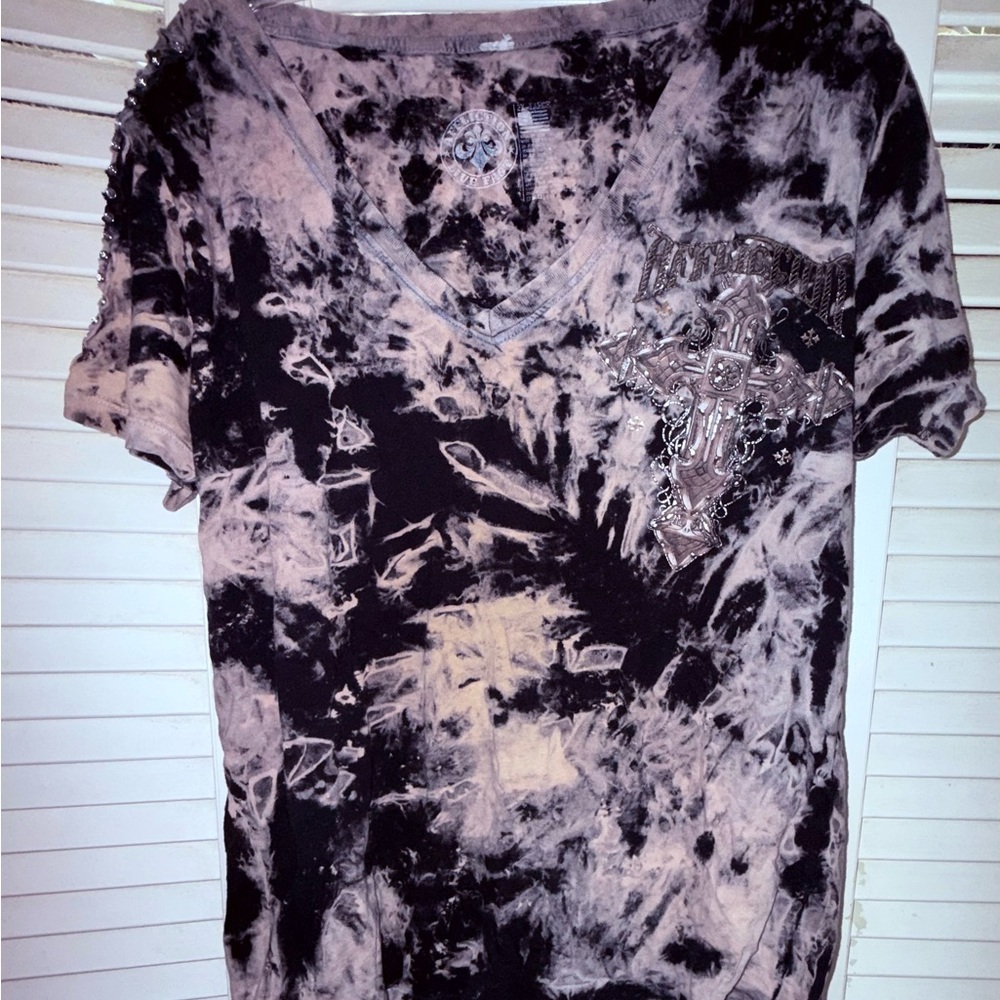 Women’s Tie-Dye V-Neck Top with Embellished Cross